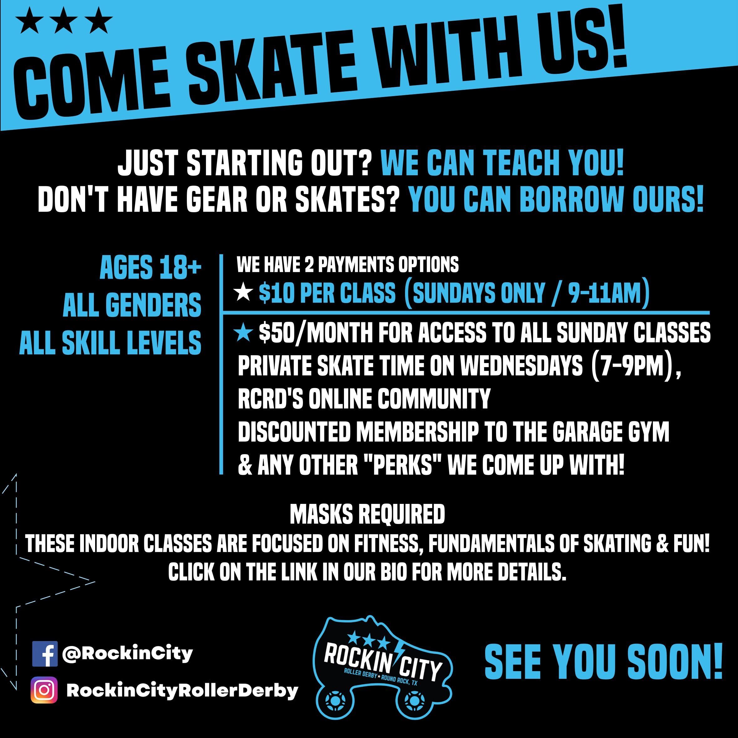 Just starting out? We can teach you! Don't have gear or skates? You can borrow ours! Ages 18+, all genders, all skill levels. We have 2 payment options - $10 per class (Sundays only, 9-11am) or $50/month for access to all Sunday classes, private skate time on Wednesdays 7-9pm, RCRD's online community, discounted membership to the garage gym & any other "perks" we come up with! Masks required. These indoor classes are focused on fitness, fundamentals of skating & fun! Click on the link in our bio for more details. See you soon!